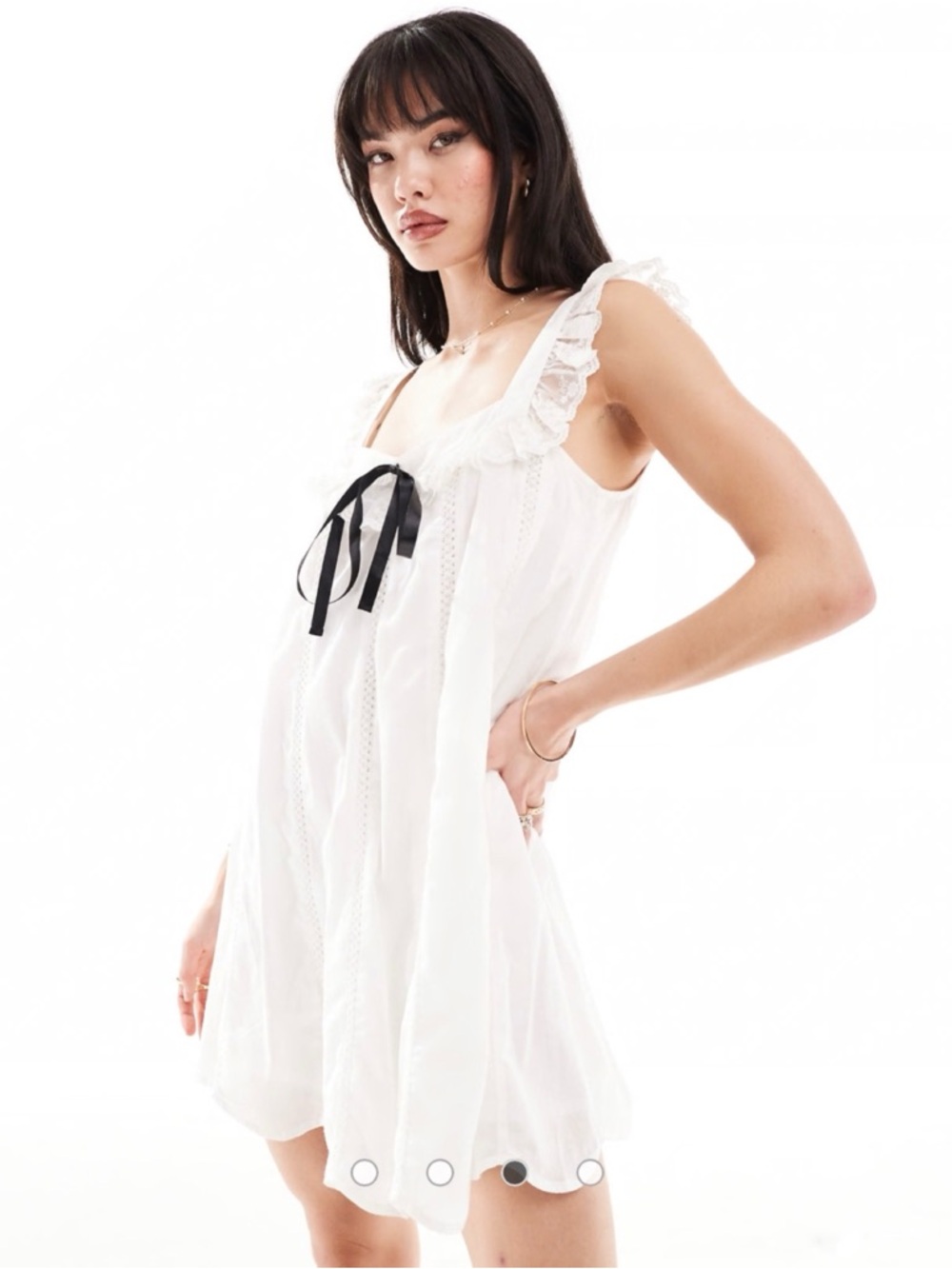 ASOS DESIGN voile smock mini dress with lace trim & black bow in white size 8 US